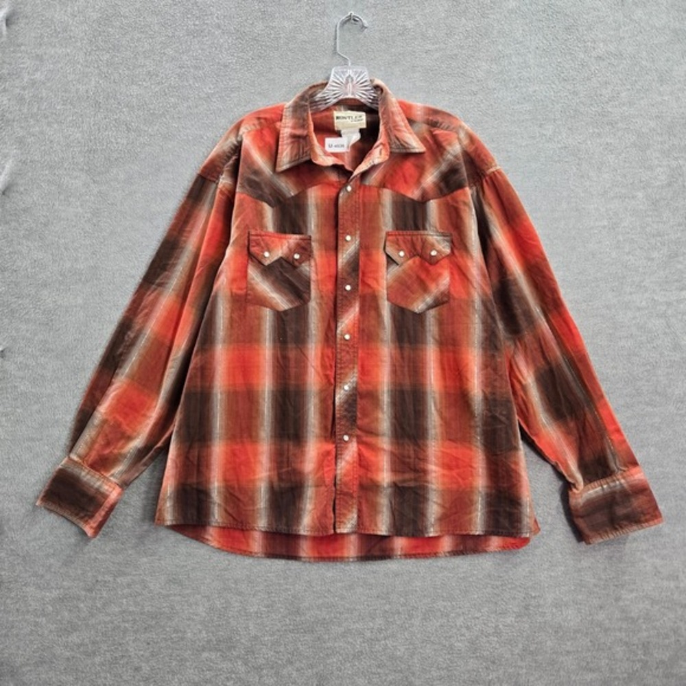 Wrangler Rustler Men Button Up Shirt XL Orange Plaid Western‎ Pearl Snap
